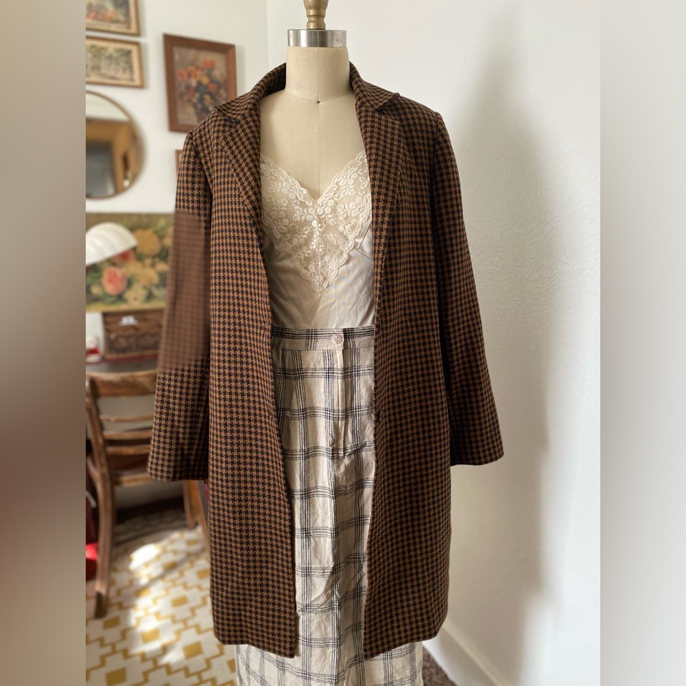 Vintage houndstooth lightweight longline blazer coat